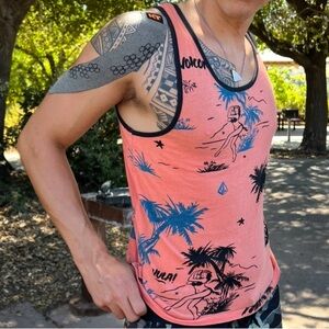 VOLCOM MEN Tank Top MAUI HAWAII HULA GIRL BIKINI ISLAND PALM TREE SHIRT TROPICAL